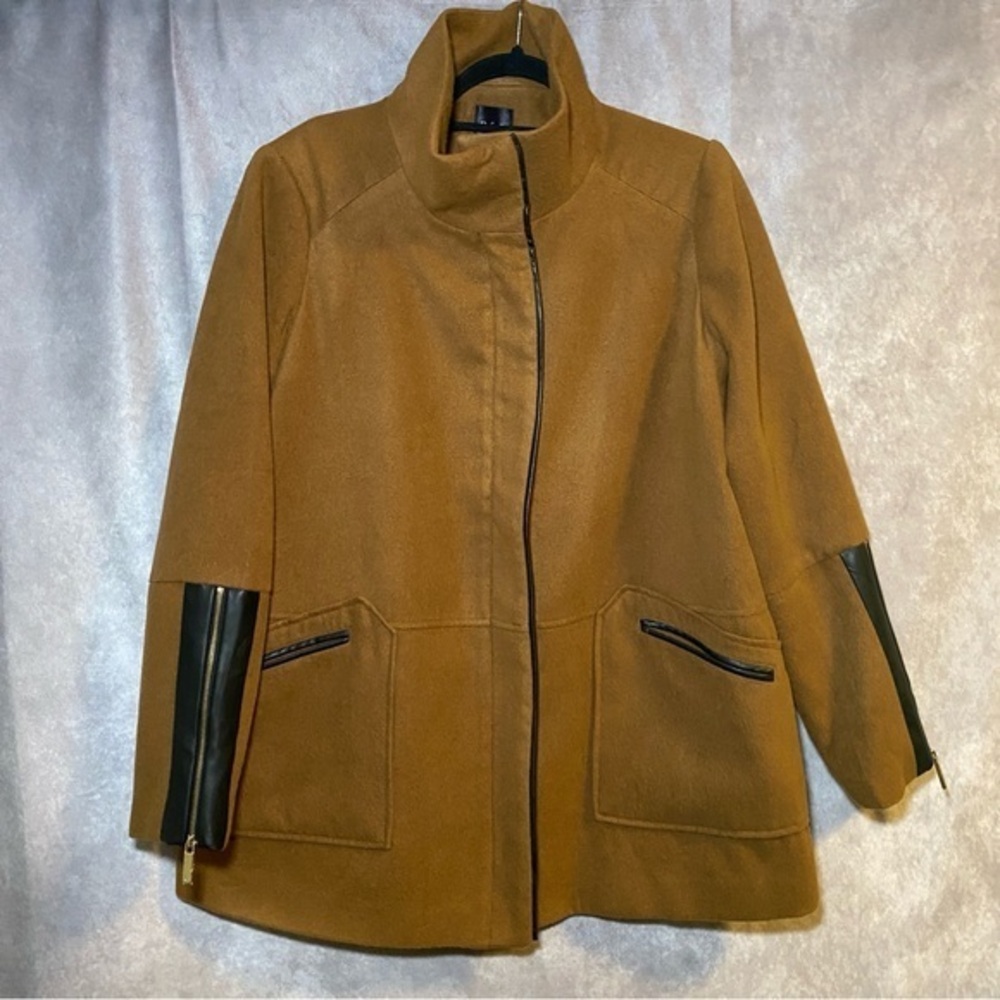 Rafaella XL Wide Bottom‎ Lined Faux Leather Pea Coat Full Zip Brown